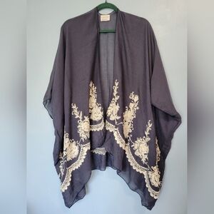 Melrose and Market Boho Kimono Poncho Floral Embroidery Blue OS